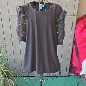 CeCe Black Blouse with Sheer Polka Dot Sleeves